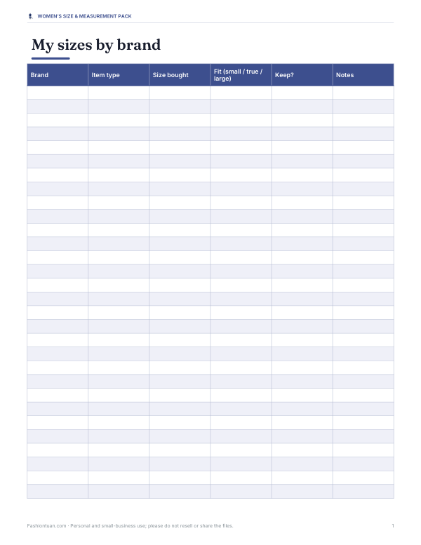 Preview of Printable Brand Size Log