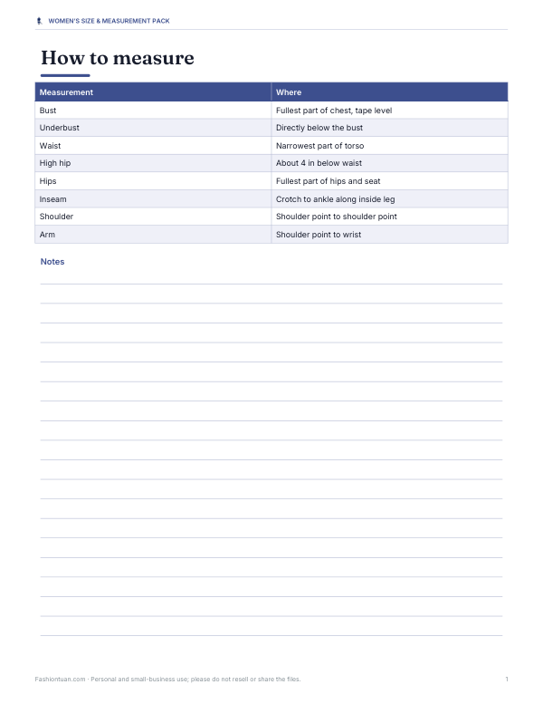 Preview of Printable Women’s Measurement Chart