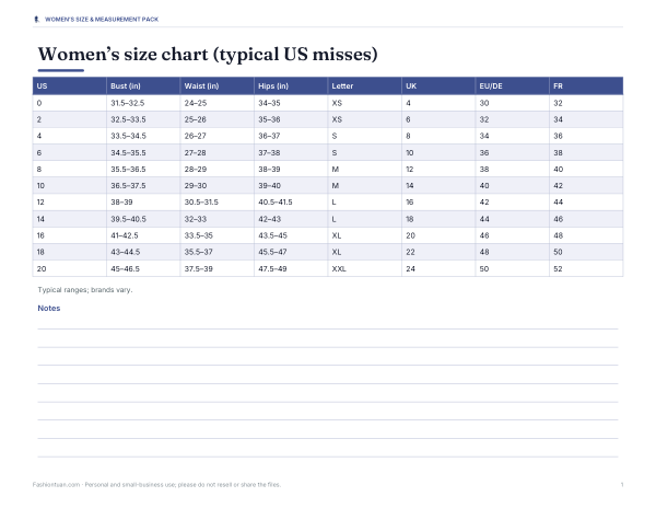 Preview of Printable Women’s Size Chart